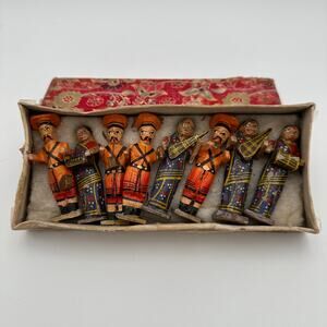 Vintage Indian Polychromed Carved Wood Marching Band Figures Set/8 Original Box
